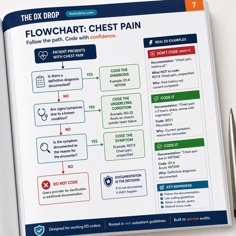 Op de afbeelding: Een pagina van "The DX Drop" met een stroomdiagram getiteld "CHEST PAIN" (Pijn op de borst). Het diagram leidt gebruikers door een besluitvormingsproces met "JA"- en "NEE"-paden, inclusief voorbeelden en belangrijke herinneringen. Ontworpen voor ED-codeerders.