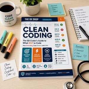 Op de afbeelding: Een medisch naslagwerk getiteld "CLEAN CODING" met de ondertitel "The ED Coder's Guide to What NOT to Code". De afbeelding bevat een koffiemok, markeerstiften, plaknotities, een notitieblok en een stethoscoop. De omslag van het boek heeft een blauw en wit ontwerp.