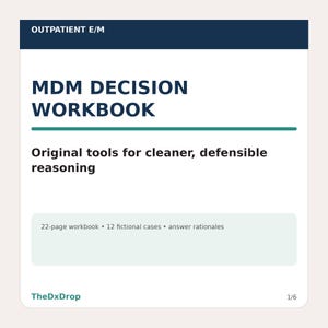 Puede incluir: Una portada de libro de ejercicios blanca titulada OUTPATIENT E/M MDM DECISION WORKBOOK con el subtítulo Original tools for cleaner, defensible reasoning. Incluye un recuadro verde claro que indica 22-page workbook, 12 fictional cases, answer rationales.