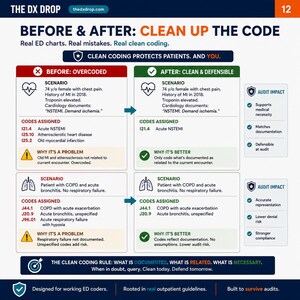 Op de afbeelding: Educatieve infographic getiteld "Voor & Na: Clean Up the Code" waarin overgecodeerde en schone medische coderingsscenario's worden vergeleken. De afbeelding bevat tekst, pictogrammen en een websiteadres.