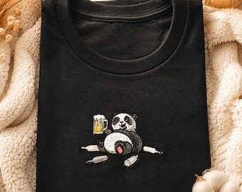 Drunk Panda Embroidered T-Shirt | Funny Beer Panda Tee