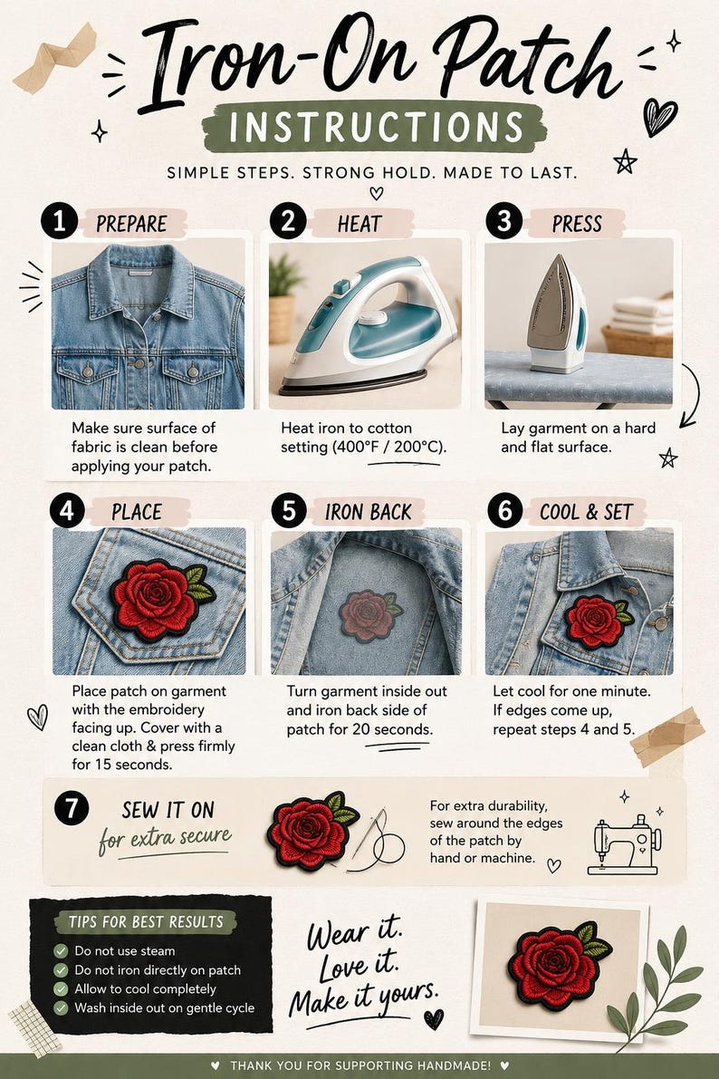 May include: An instructional infographic titled Iron-On Patch Instructions featuring seven numbered steps with illustrations showing a denim jacket, an iron, and a red rose embroidered patch. It includes text for heating to 400&deg;F and sewing tips.