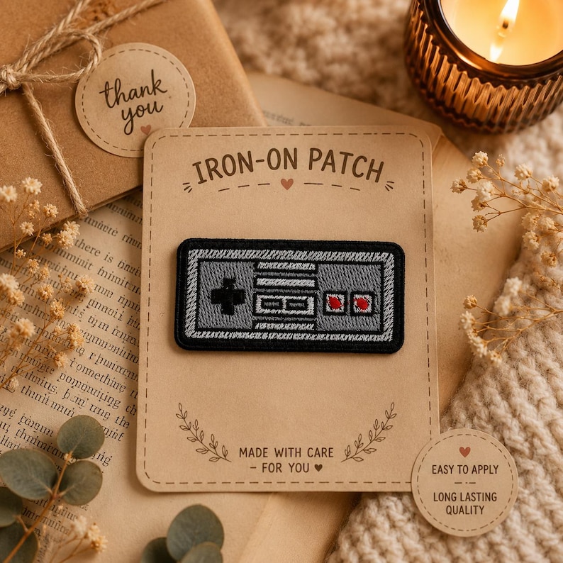 May include: A rectangular iron-on patch featuring an embroidered grey and black retro video game controller design with a black directional pad and two red buttons, mounted on a tan card labeled IRON-ON PATCH and MADE WITH CARE - FOR YOU.