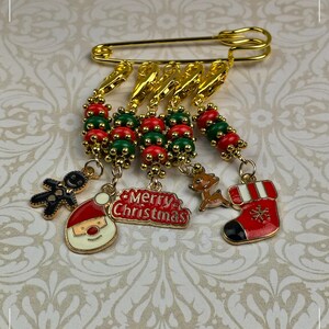 Festive Gingerbread and Santa Stitch Markers Set 5 Piece Gold Enamel Knitting Charms Holiday Crochet Progress Keepers