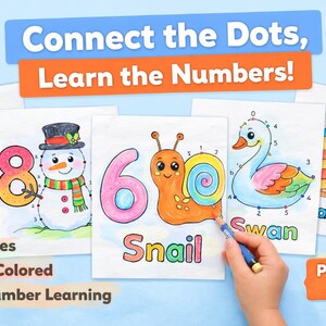 May include: Educational printable activity sheets featuring connect-the-dot puzzles with numbers and illustrations of a swan, snowman, snail, and candle. The text "Connect the Dots, Learn the Numbers!" is displayed at the top. The image also includes the text "10 Pages", "Child-Colored", and "Fun Number Learning".