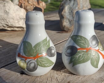Coppia vintage di saliera e pepiera in ceramica con motivo a olive.