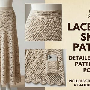Op de afbeelding: Een beige gehaakte maxirok met een ruitvormig kantpatroon, een effen tailleband en een opgestikte zak. De tekst luidt: LACE MAXI SKIRT PATTERN, DETAILED CROCHET PATTERN WITH POCKET, INCLUDES STEP-BY-STEP PHOTOS & PATTERN SIZES (US 4-14).