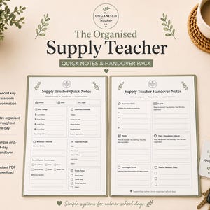 Peut inclure: Le pack de notes rapides et de transfert de l'enseignant organisé. Deux blocs-notes beiges avec du texte, dont "Quick Notes" et "Handover Notes". Une tasse de café, des clés et une plante sont également visibles. Le texte comprend "Record key classroom information".