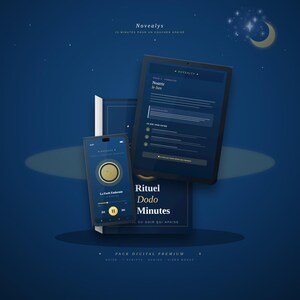 Peut inclure: Pack de produits numériques sur fond bleu foncé. Un smartphone et une tablette affichent l'interface du produit, avec le texte "Rituel Dodo Minutes" et "12 minutes pour un coucher apaisé". Le produit comprend des guides, des scripts, de l'audio et des bonus vidéo.