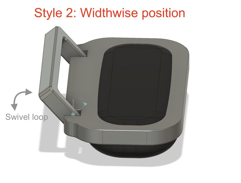 May include: A grey, rectangular, rounded-edge component featuring a swivel loop and a central black recessed area. The text "Style 2: Widthwise position" appears at the top, and the text "Swivel loop" with an arrow is visible on the left side.