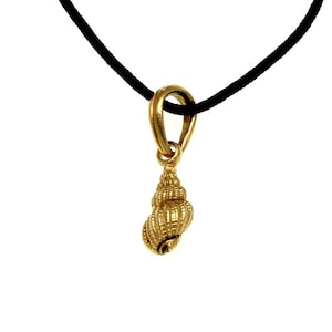 Puede incluir: Un collar con un colgante de concha dorada en un cordón negro. La concha es detallada y realista.