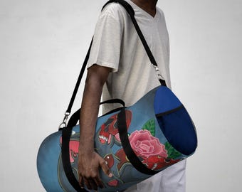 Three-Eyed Cat Skull Rose Duffel Bag | Gothic Crescent Moon Travel Bag