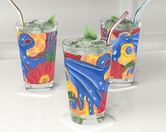 Colorful Blue Whale Illustration Pint Glass | 16oz Ocean Floral Art