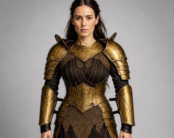 Conjunto de Armadura Feminina em Aço Dourado, Cota de Malha Medieval para Cavaleiro, Cosplay de Fantasia para LARP