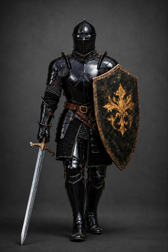 Medieval Knight Full Plate Armor Suit – Steel LARP Warrior Costume with Shield