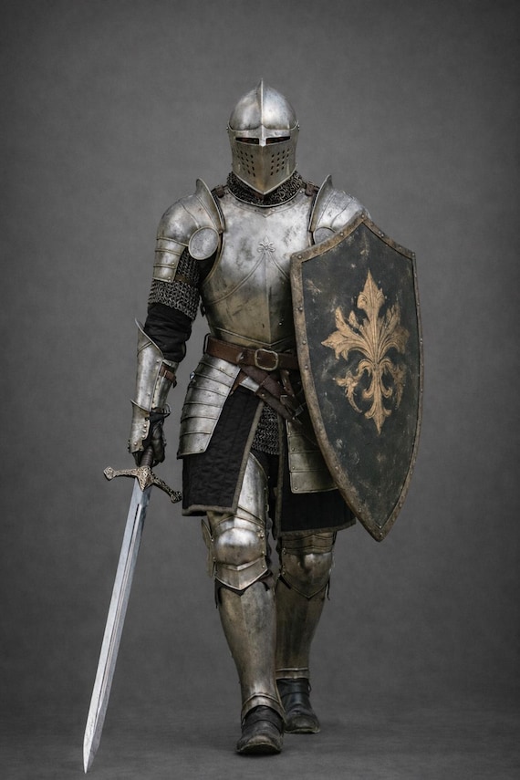 Medieval Knight Full Plate Armor Suit – Steel LARP Warrior Costume with Shield