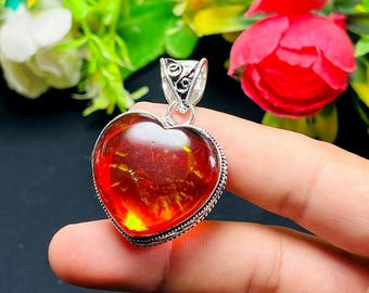 Fire agate Heart Pendant, 925 Sterling Silver Gemstone Necklace, Handmade Personalized Gift, Traditional Jewelry, Christmas Gift.