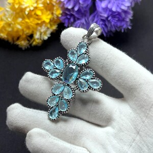 Sky Blue Topaz Cross Pendant, Large Gemstone Cross Necklace, Filigree Religious Cross Charm, Statement Silver Pendant, Birthday Gift For Her