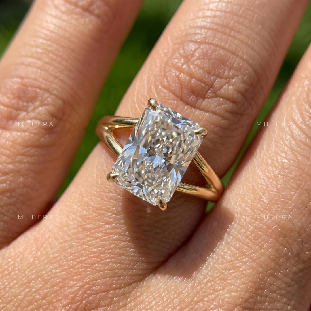 Radiant Cut Lab Diamond Engagement Ring, Hidden Halo Split Shank ...