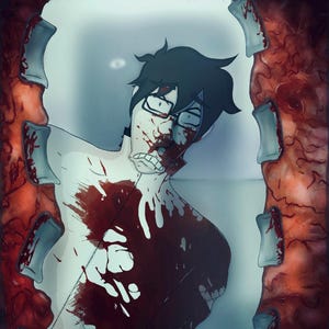 May include: Digital illustration of a person with dark hair and glasses, covered in blood. The artwork has a horror theme, with a red and white color scheme. The person is framed by a red, fleshy border with rectangular shapes.