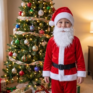 May include: A child wearing a red and white Santa Claus costume, featuring a long-sleeved red jacket with white trim, matching red pants, a black belt with a rectangular buckle, and a red hat with a white pom-pom and a white faux fur beard.