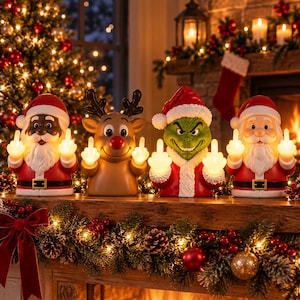 May include: Four holiday-themed figurines arranged in a row, including two Santa Clauses, a reindeer, and a green creature in a Santa hat. Each figure features illuminated hands raised with extended middle fingers, crafted in a smooth, molded finish.