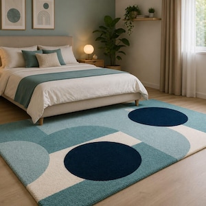 Modern Geometric Hand Tufted Rug – Abstract Circle Pattern Area Rug, Blue & Teal Contemporary Carpet, Living Room Bedroom Decor