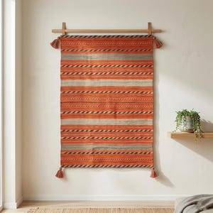 Handwoven Southwestern Striped Rug – Tribal Wool Kilim Rug | Navajo Style Flatweave Area Rug | Western Ranch Boho Decor