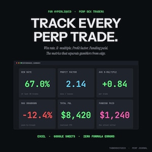 May include: A dark background with white text that reads "TRACK EVERY PERP TRADE." Below, a summary of trading metrics is displayed, including win rate, profit factor, and funding paid. The image also includes the text "EXCEL • GOOGLE SHEETS • ZERO FORMULA ERRORS."