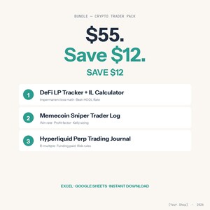 May include: A digital product bundle titled "Crypto Trader Pack" with a teal and white design. The bundle includes a DeFi LP Tracker, Memecoin Sniper Trader Log, and Hyperliquid Perp Trading Journal. The price is $55, with a savings of $12.
