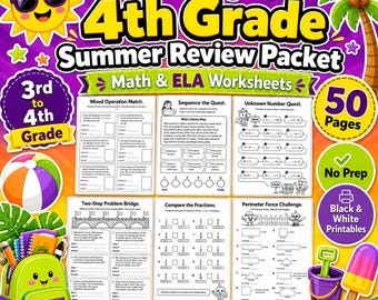 3rd to 4th Grade Summer Review Packet | Math & ELA Worksheets (No Prep)