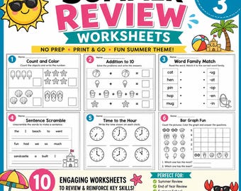 Kindergarten Summer Review Worksheets Week 3 | No Prep Math Phonics Activitie