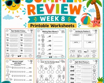 Kindergarten Summer Review Worksheets Week 8 | Math, Phonics, Writing (Printable)