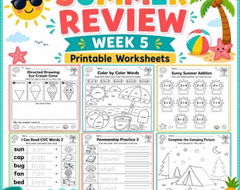 Kindergarten Summer Review Worksheets Week 5 | No Prep Math Reading Activitie