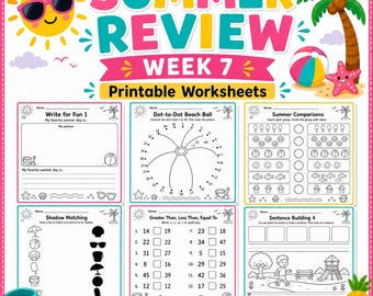 Kindergarten Summer Review Worksheets Week 7 | Math Reading Grammar Activities (Printable)