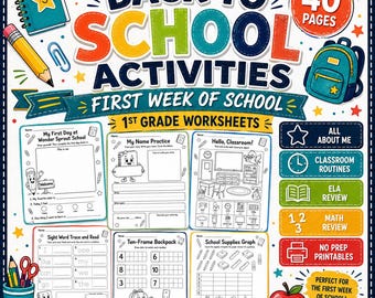 1st Grade Back to School Worksheets | First Week Activities, ELA, Math Review