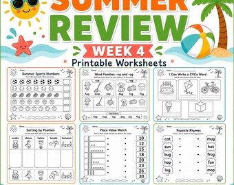 Kindergarten Summer Review Worksheets Week 4 | No Prep Math Writing Activitie
