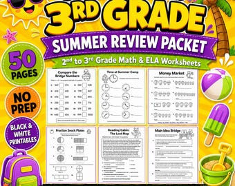 3rd Grade Summer Math ELA Review Packet, 2nd to 3rd Homeschool Workbook