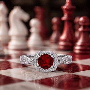 Könnte beinhalten: Ein silberfarbener Ring mit einem runden, tiefroten Mittelstein, der von einem Kranz aus kleinen, klaren Pavé-Steinen umgeben ist. Die Ringschiene hat ein geteiltes Design mit weiteren klaren Steinen, die in die Seiten der Fassung eingelassen sind.