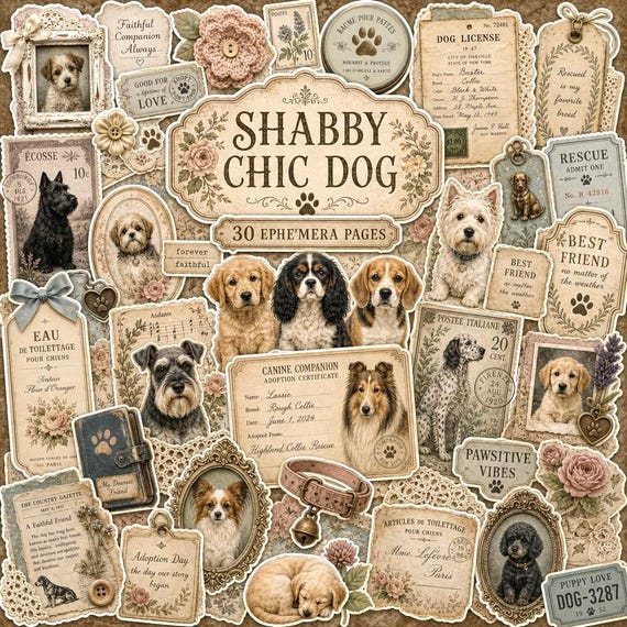 Shabby Chic Dog Junk Journal Kit, Vintage Puppy Ephemera Bundle, Floral Dog Art, Dog Lover Craft, Printable Dog Scrapbook Kit, Collage Sheet