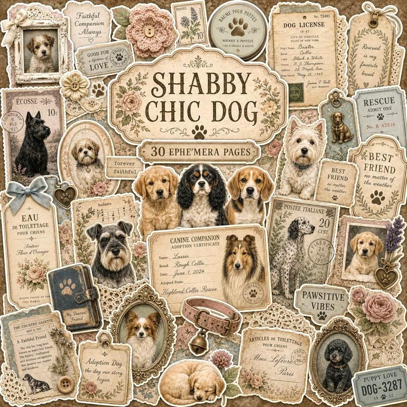 May include: A collection of vintage-style paper ephemera featuring various dog breeds, floral accents, and decorative frames. The central label reads SHABBY CHIC DOG 30 EPHEMERA PAGES, surrounded by dog licences, adoption certificates, and portraits.