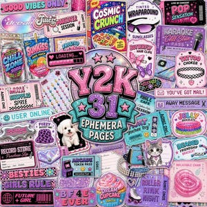 May include: A collection of Y2K-themed stickers featuring vibrant pink, purple, and blue graphics. Designs include a puppy, kitten, soda can, cereal box, roller skates, inflatable chair, butterfly clips, and text like Good Vibes Only and Y2K 31 Ephemera Pages.