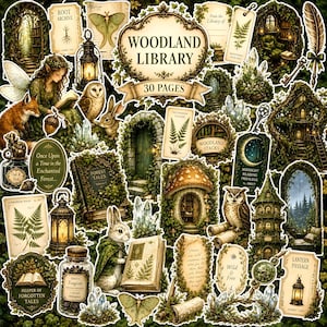 Può includere: Una collezione di 30 adesivi a tema biblioteca nel bosco con illustrazioni di animali della foresta, funghi, lanterne, cristalli, libri ed elementi botanici con etichette di testo come Woodland Library, Forest Tales e Lantern Passage.