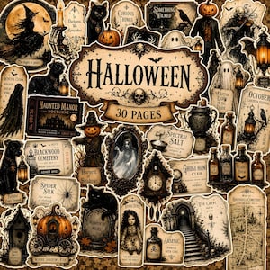 May include: A collection of 30 pages of Halloween-themed paper ephemera featuring vintage-style illustrations of pumpkins, ghosts, black cats, witches, tombstones, apothecary bottles, and cemetery maps with text labels like Halloween, Spectral Salt, and Arsenic.
