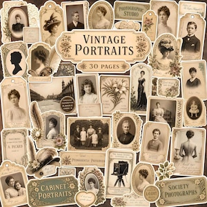 Può includere: Una collezione di effimeri di carta in stile vintage con ritratti color seppia, illustrazioni floreali ed etichette decorative. L'etichetta centrale riporta la scritta VINTAGE PORTRAITS 30 PAGES, circondata da varie cornici ovali e rettangolari.