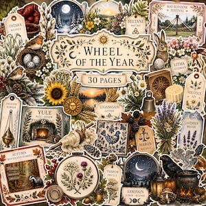 May include: A collection of Wheel of the Year stickers featuring seasonal imagery, including a central title, 30 pages label, and various illustrations like a fireplace, a cauldron, a rabbit, birds, flowers, and tags labeled with seasonal festivals.
