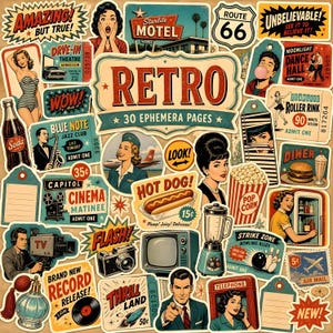 Op de afbeelding: Een verzameling retro ephemera-pagina's met vintage illustraties, waaronder een Starlite Motel-bord, een Route 66-schild, een bioscoopkaartje, een hotdog, een blender, een televisie, een telefooncel en diverse personen.