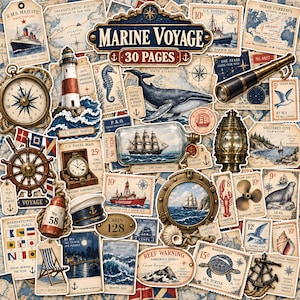 May include: A collection of nautical-themed stickers featuring vintage illustrations of a lighthouse, whale, compass, ship in a bottle, porthole, telescope, and various postage stamps with the text Marine Voyage 30 Pages and Cabin 128.