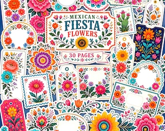 May include: A collection of paper ephemera featuring Mexican Fiesta Flowers designs, including various tags, labels, and rectangular cards with vibrant floral illustrations, scalloped edges, and text reading Mexican Fiesta Flowers and 30 Pages.