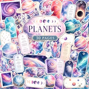 Op de afbeelding: Een verzameling ruimte-stickers met planeten, manen, sterrenstelsels, kristallen en hemelse labels. Het centrale label bevat de tekst PLANETS 30 PAGES. De ontwerpen bevatten aquarel-achtige illustraties van Saturnus, Jupiter, Neptunus en Uranus.